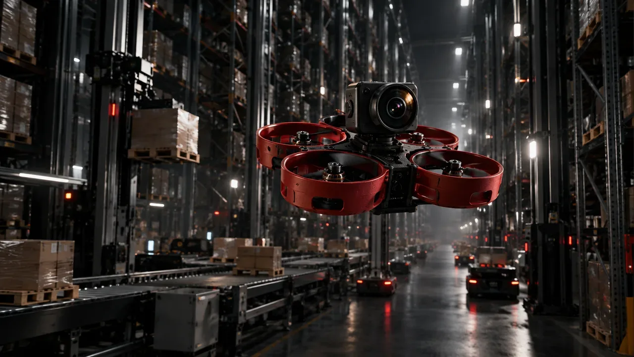 Drone Cinewhoop FPV com dutos protetores vermelhos sobrevoando corredor de galpão logístico de alta tecnologia