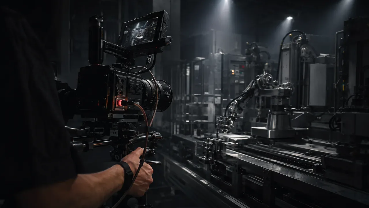 Equipe de filmagem técnica registrando operação de maquinário industrial em fábrica moderna