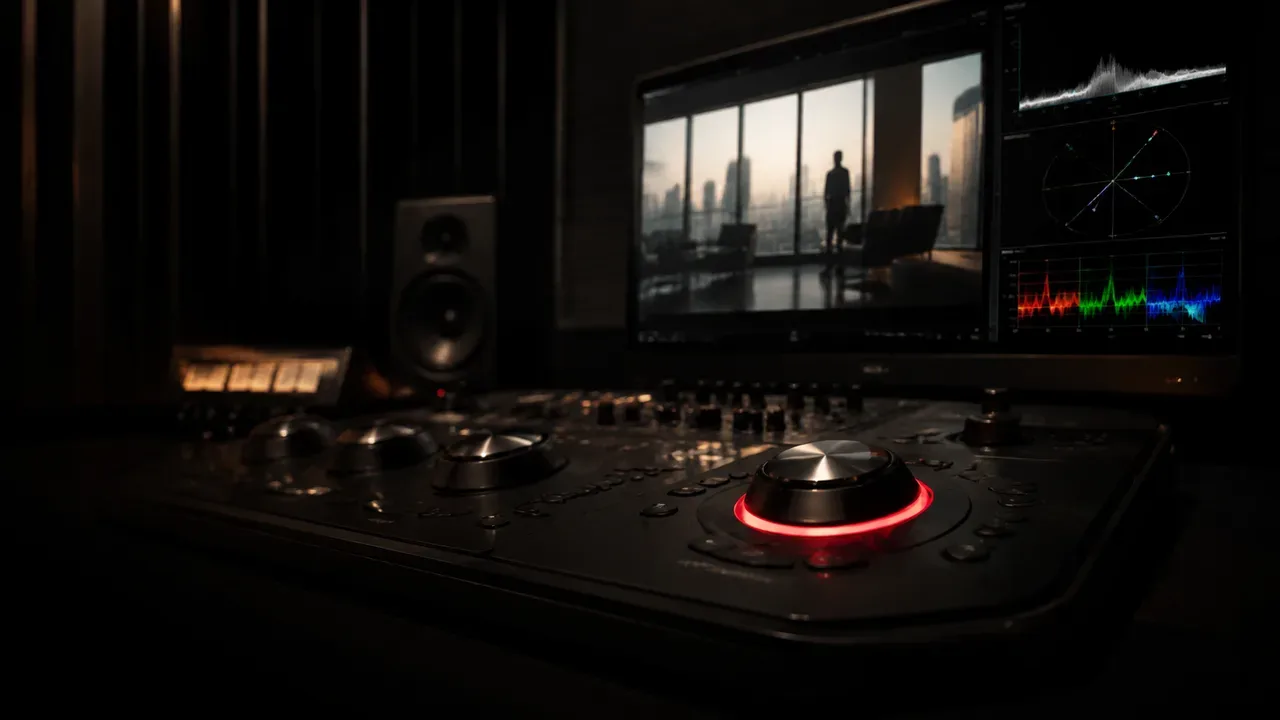 Console de tratamento de cor e ilha de pós-produção com monitores de referência calibrados