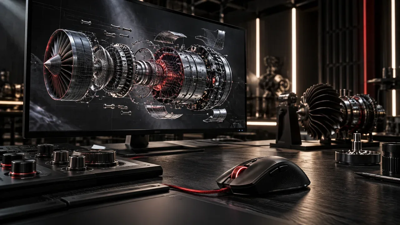 Mesa técnica de simulação e animação industrial com mouse de edição e acabamento carmim em primeiro plano
