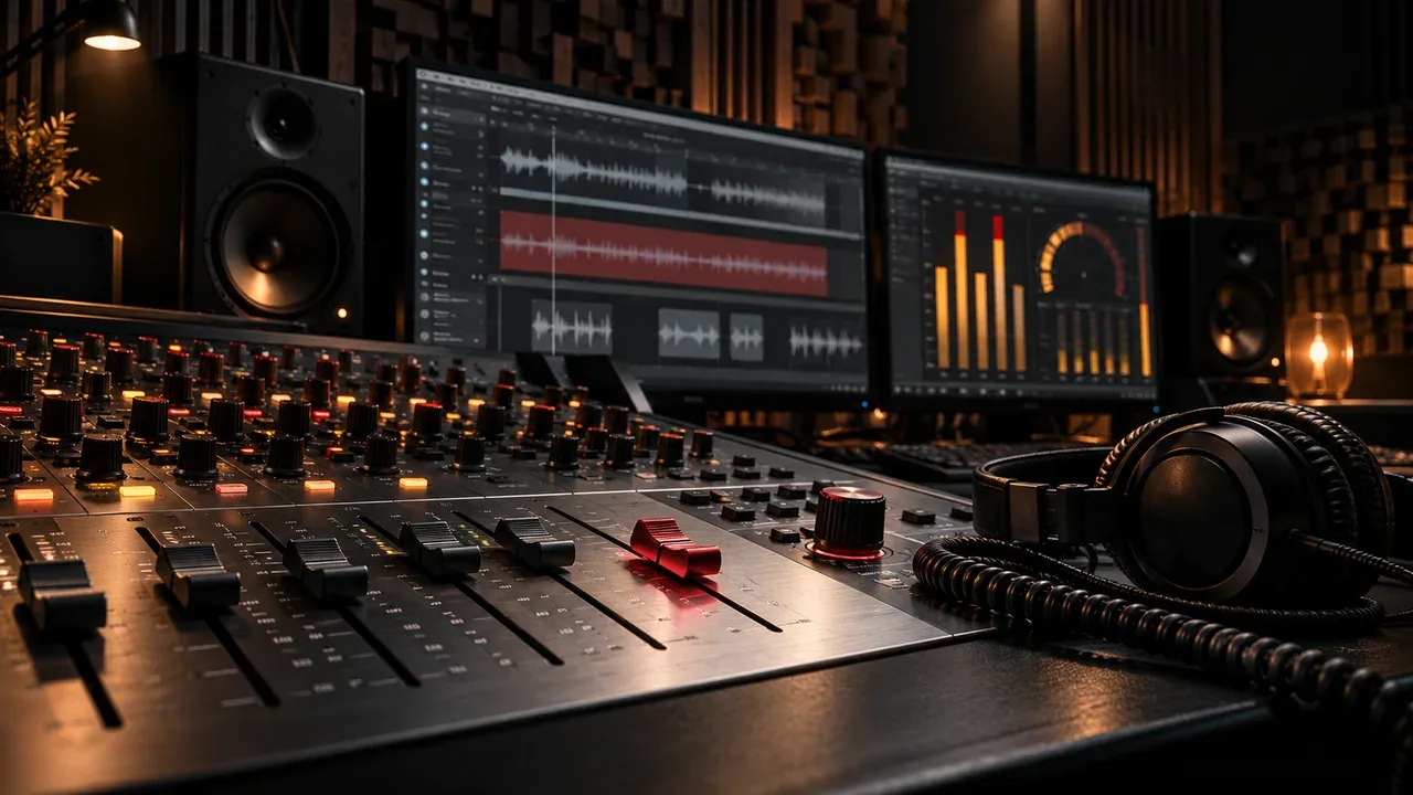 Console de pós-produção e sound design com fones de estúdio e cabo de conexão carmim em primeiro plano