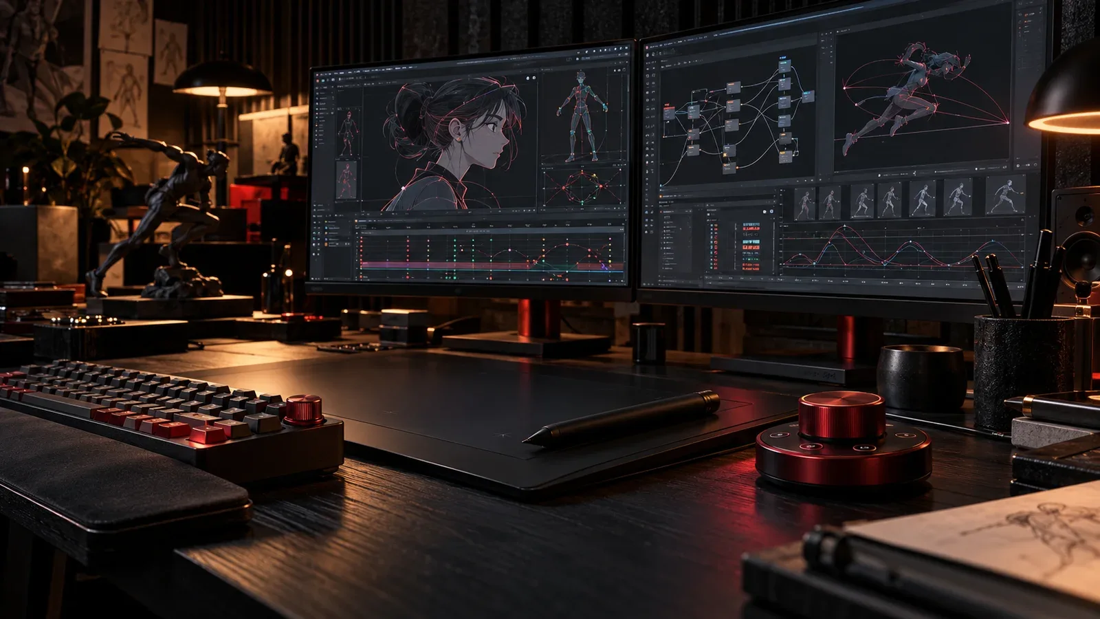 Workstation de motion design em estúdio com paleta grafite chiaroscuro e dial de edição carmim em primeiro plano