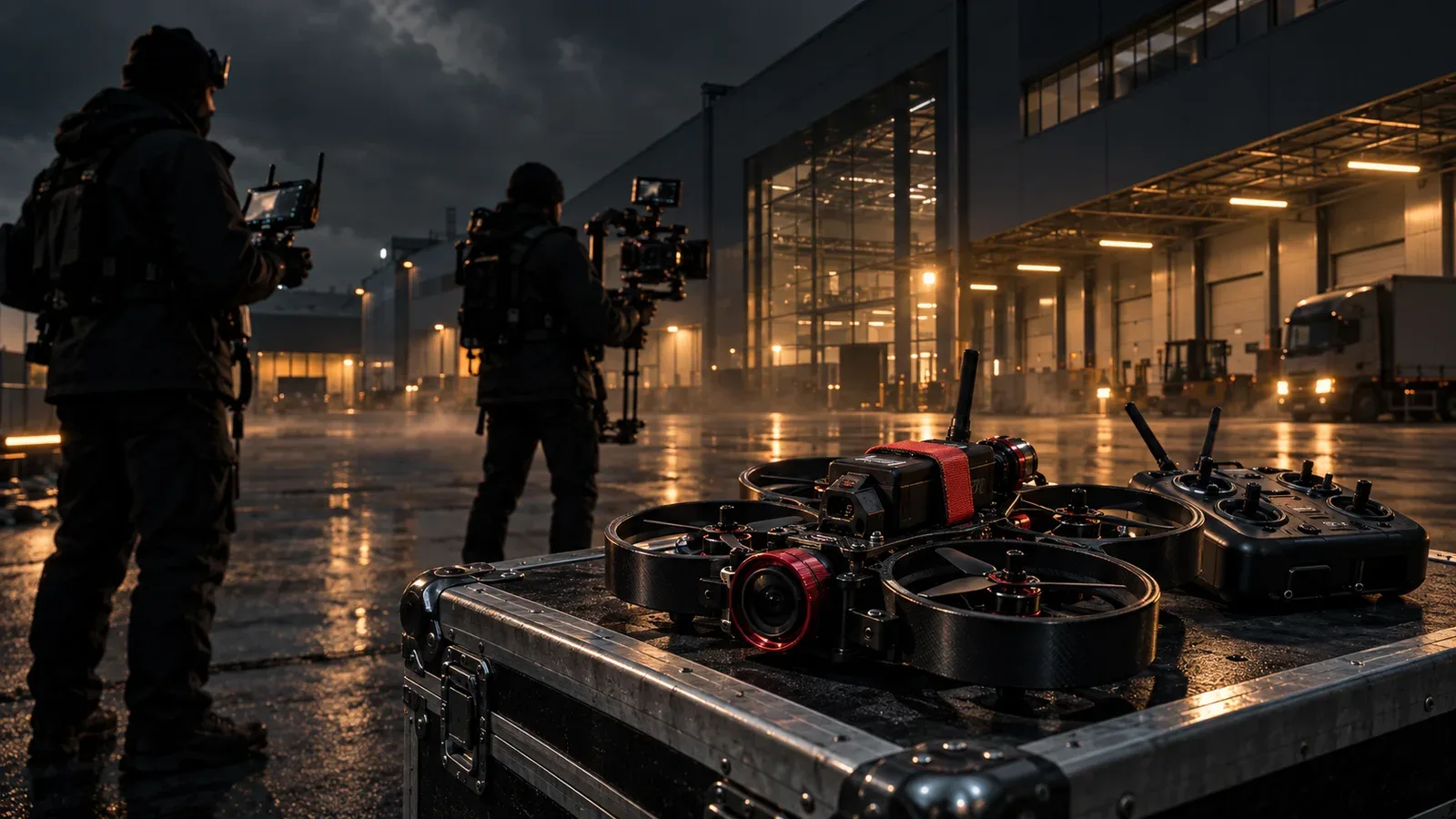 Conjunto de produção audiovisual institucional com drone FPV e câmera de cinema em pátio industrial