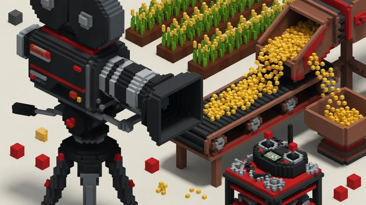 Câmera de cinema em tripé captando detalhes da colheita e silos de armazenagem ao entardecer