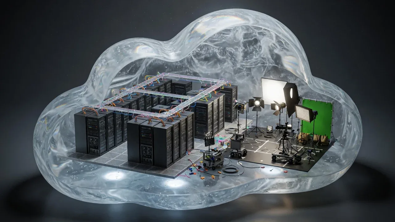 CGI em miniatura de um data center modular instalado dentro de uma escultura de nuvem de vidro