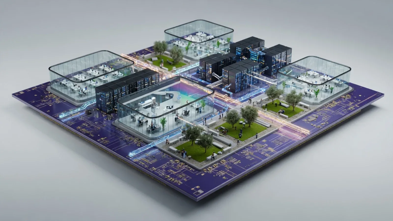 CGI conceitual de um campus corporativo de tecnologia construído sobre um processador gigante