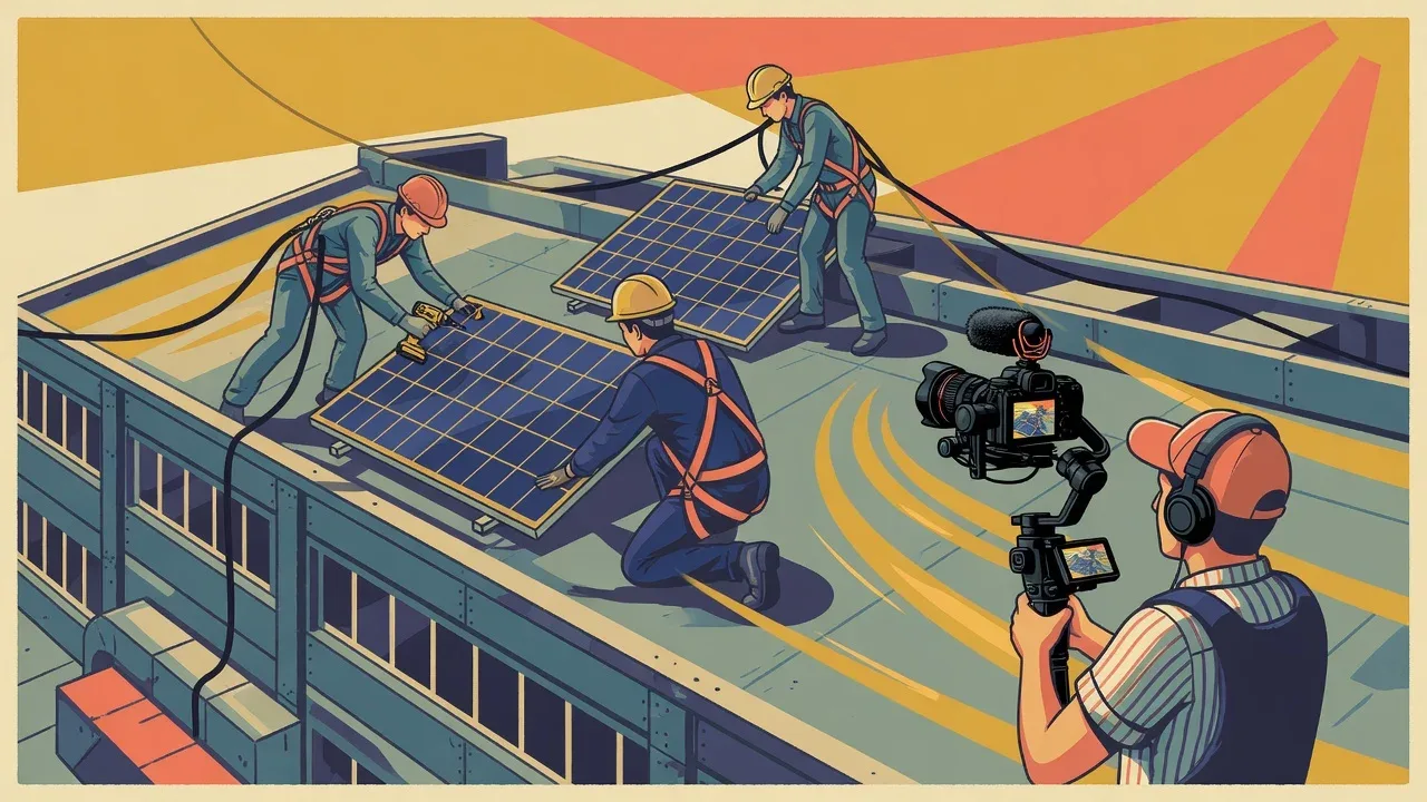 Engenheiros em instalação solar no telhado de galpão industrial