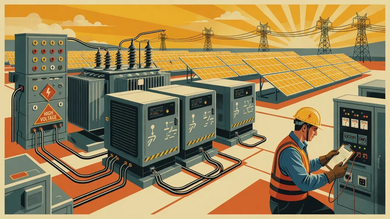 Infraestrutura de inversores e conexão elétrica de usina solar