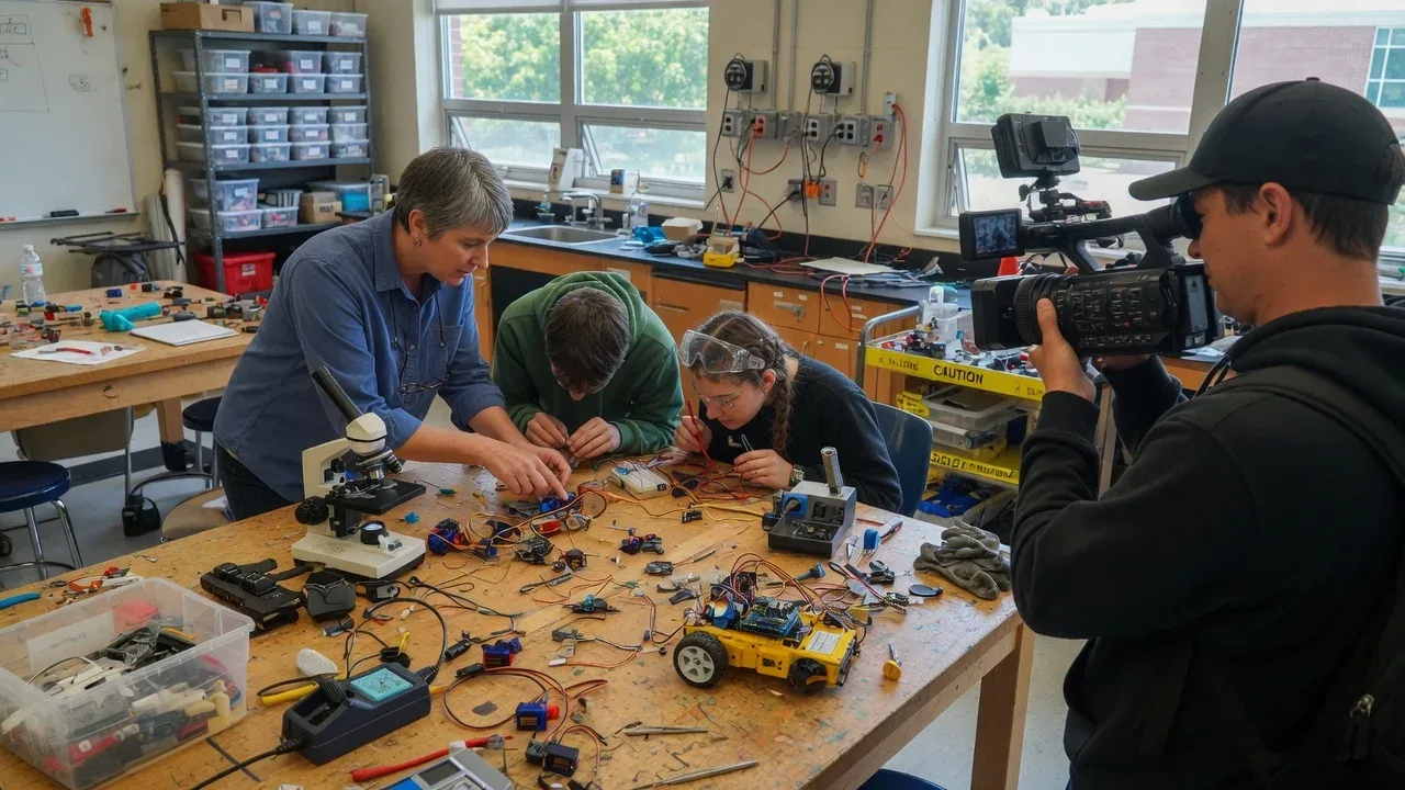 Cinegrafista registrando professor e alunos em laboratório maker escolar