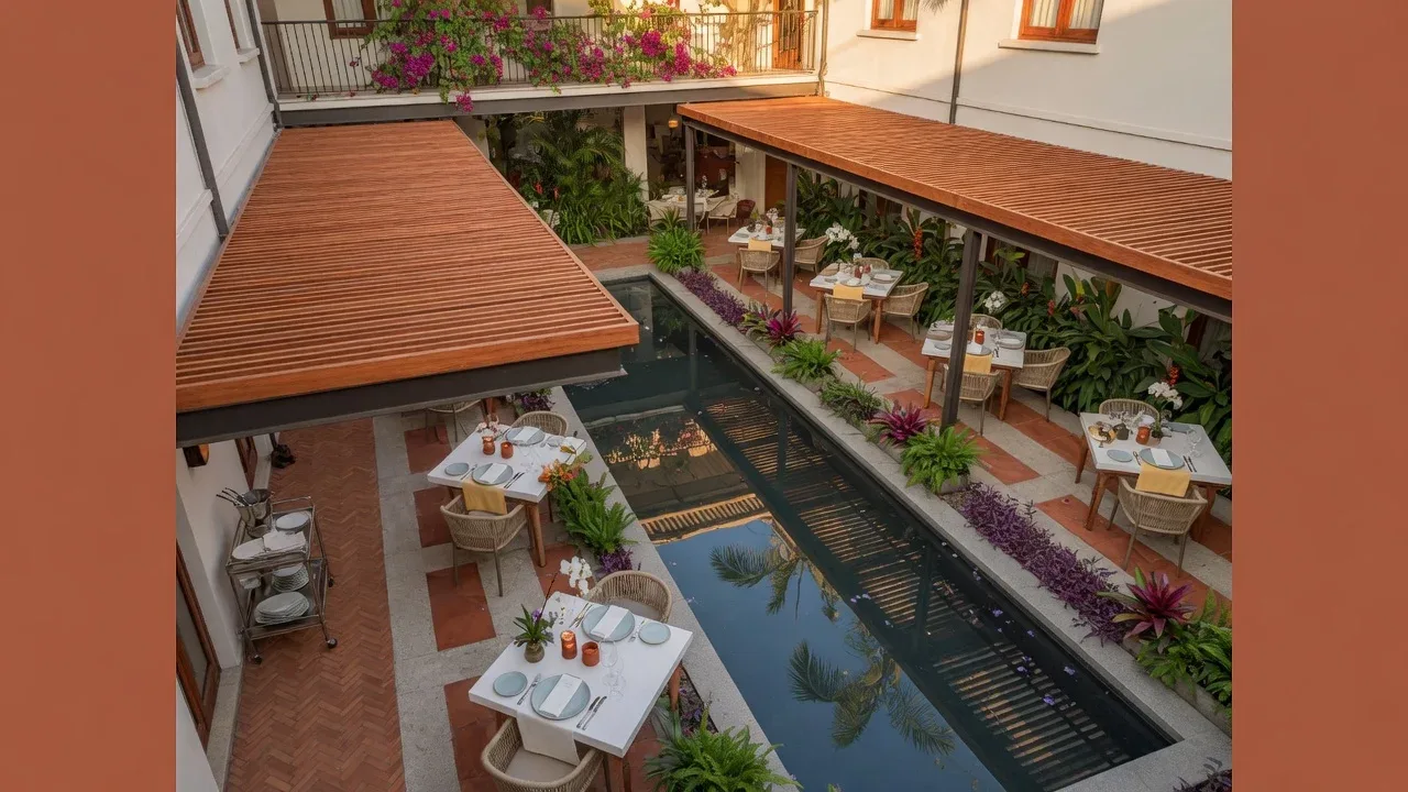 Vista aérea de terraço gastronômico e restaurante ao ar livre em hotel boutique