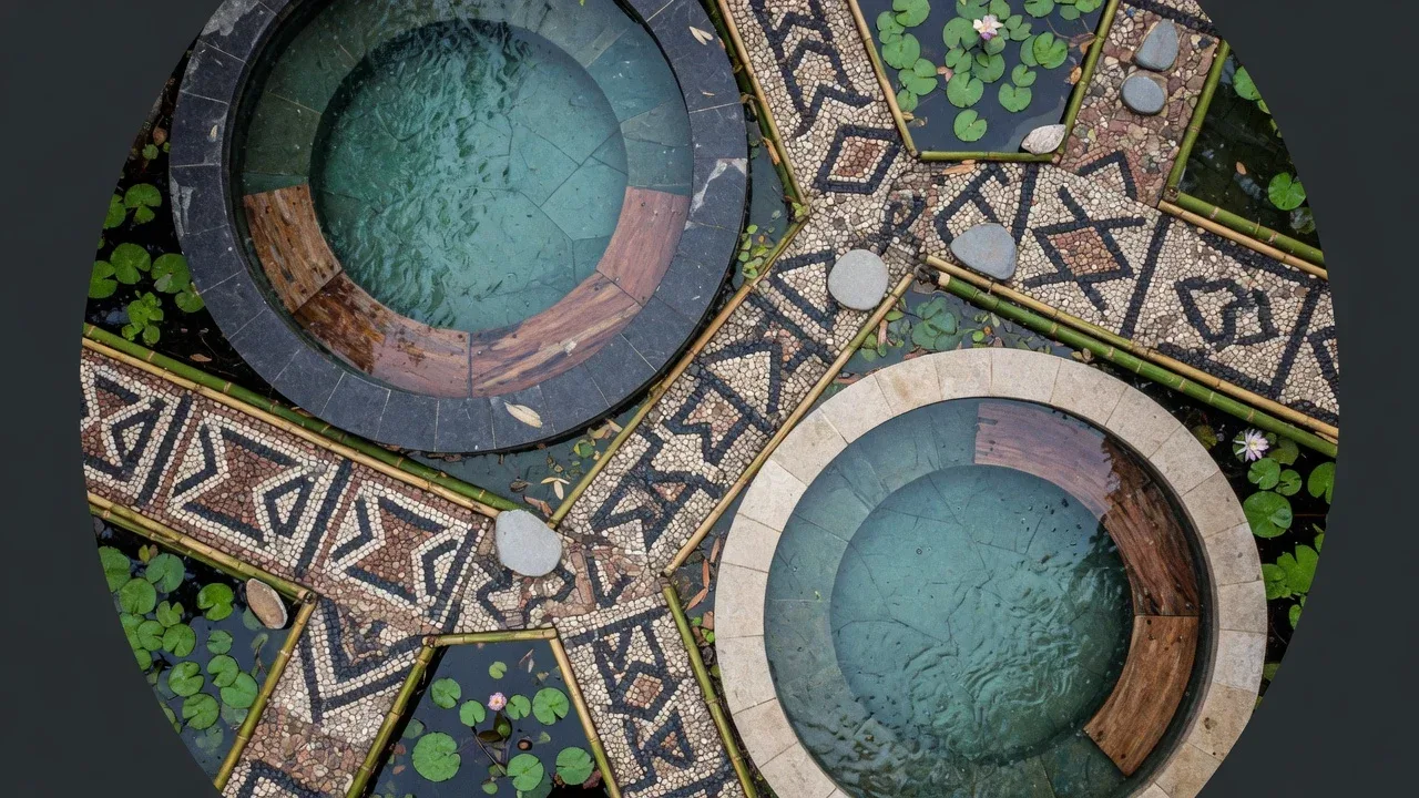 Vista aérea zenital de pátio interno ajardinado de spa e descanso em hotel de campo