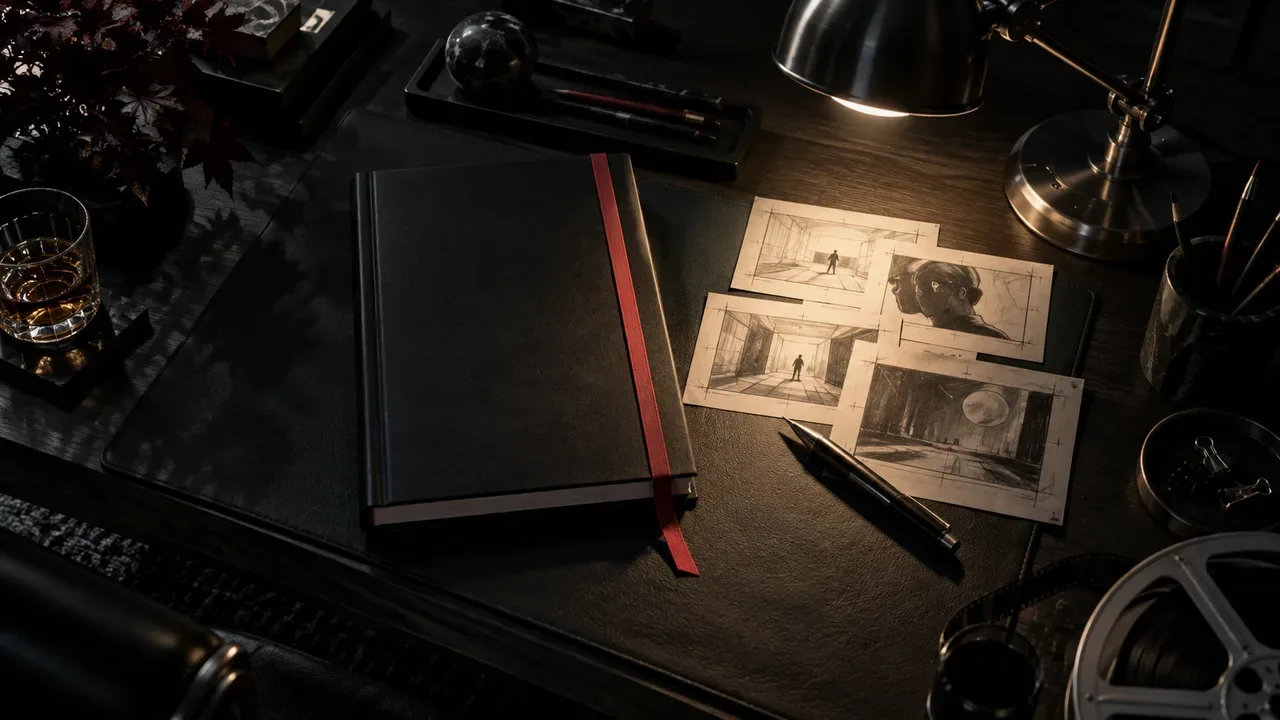 Mesa de diretor de criação com roteiro encadernado de fita carmim e cartões de storyboard sob iluminação pontual