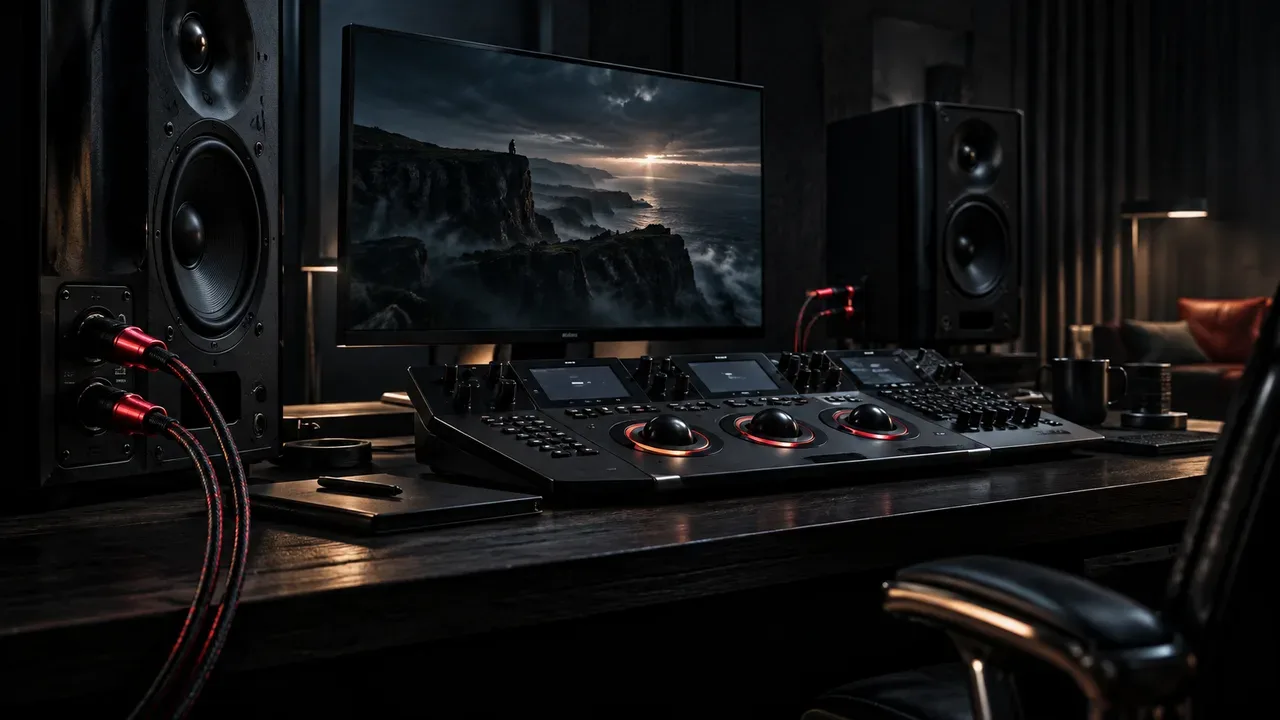 Suíte de pós-produção e masterização de áudio com console de colorista e cabos com acabamento carmim