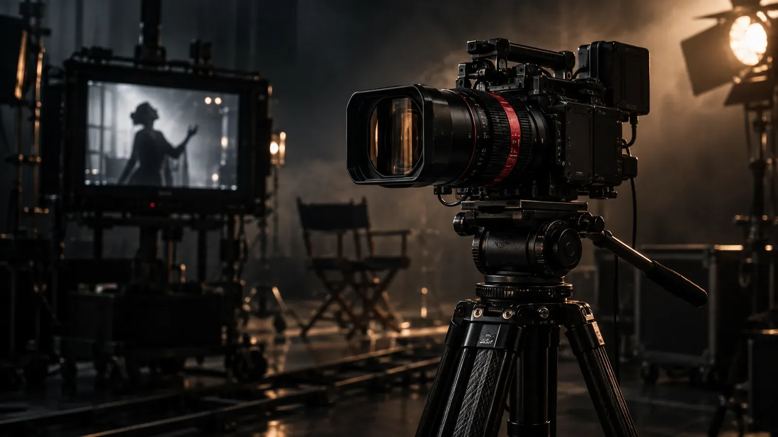 Set cinematográfico profissional com câmera de cinema anamórfica em tripé de fibra de carbono sob iluminação chiaroscuro