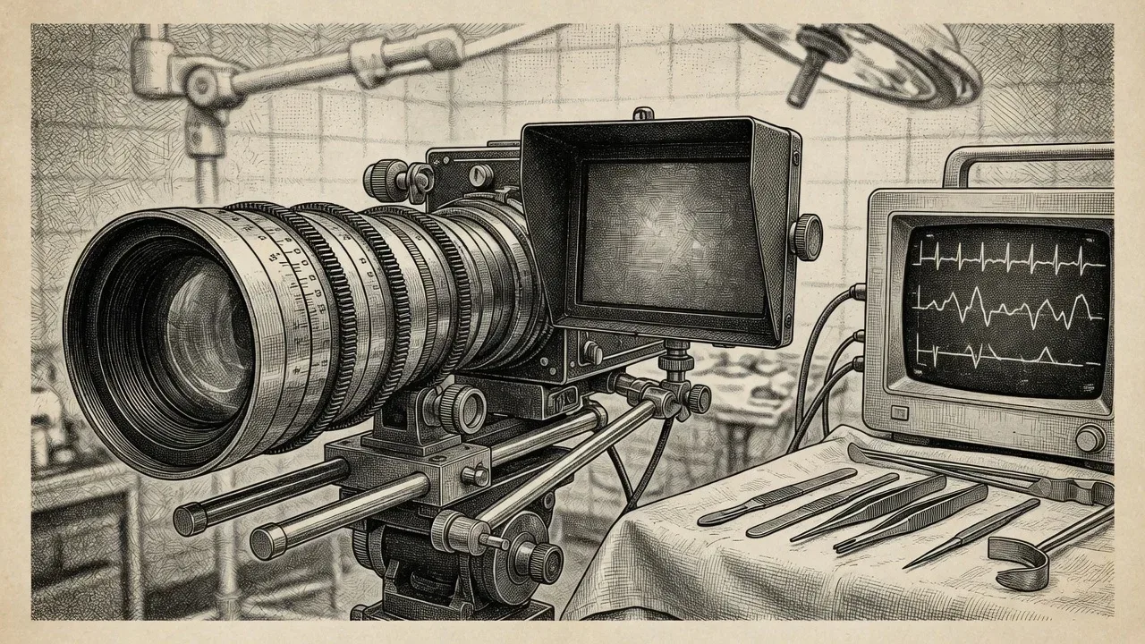 Câmera de cinema com follow focus e monitor ao lado de equipamentos e instrumentais em centro cirúrgico