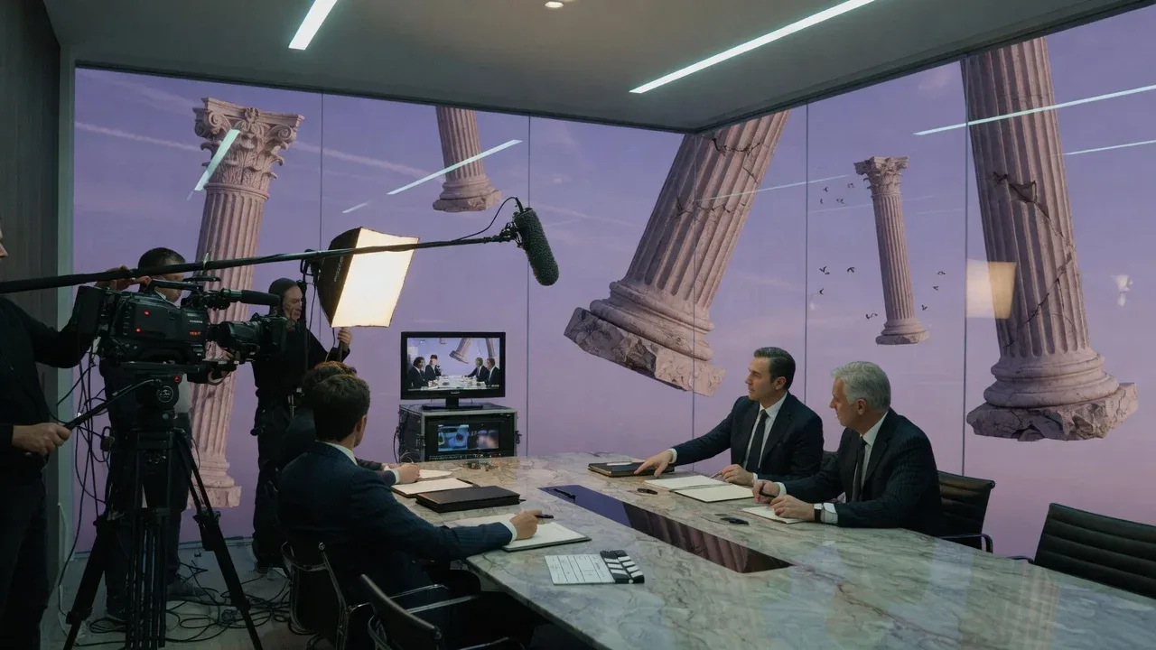 Equipe de filmagem em sala de reuniões corporativa com sócios de advocacia