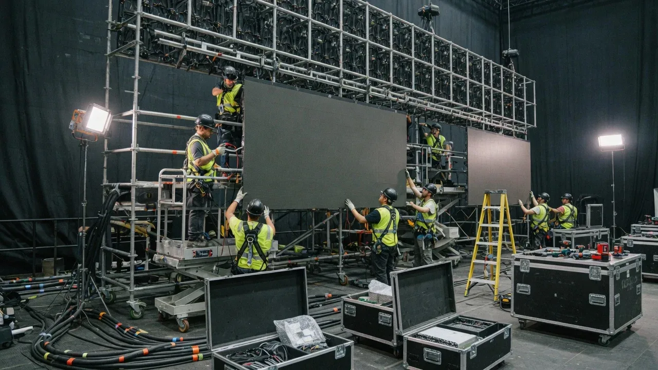 Equipe técnica montando e calibrando painel de LED curvo de alta definição sobre a estrutura de palco da convenção