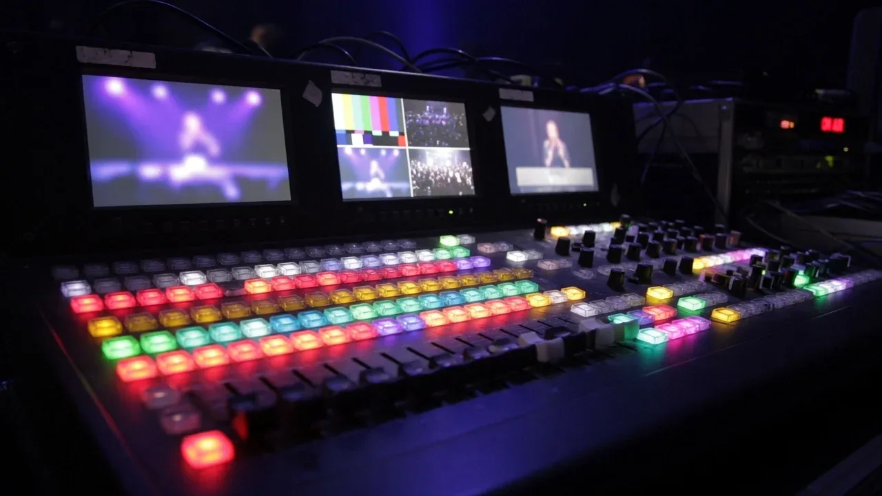 Console de switcher de vídeo ao vivo com botões retroiluminados e monitores de visualização técnica na mesa de controle do evento