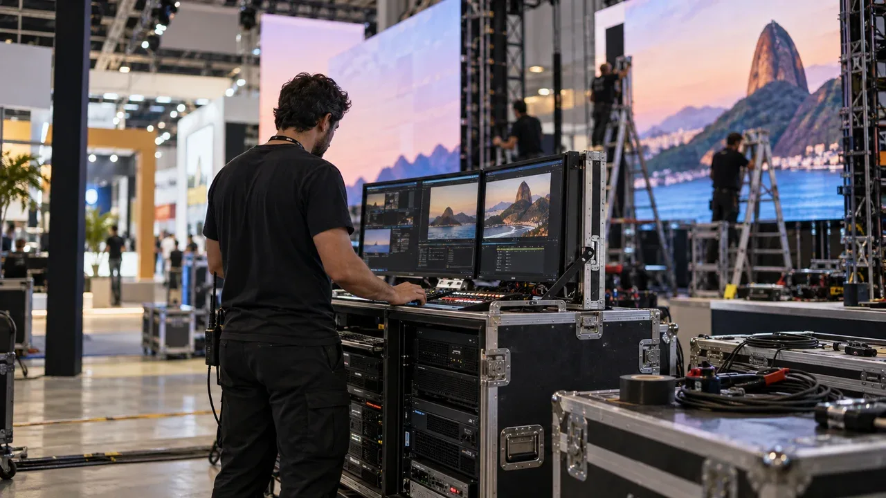 Técnico operando console de gerenciamento de vídeo e servidor de mídia nos bastidores do estande de eventos