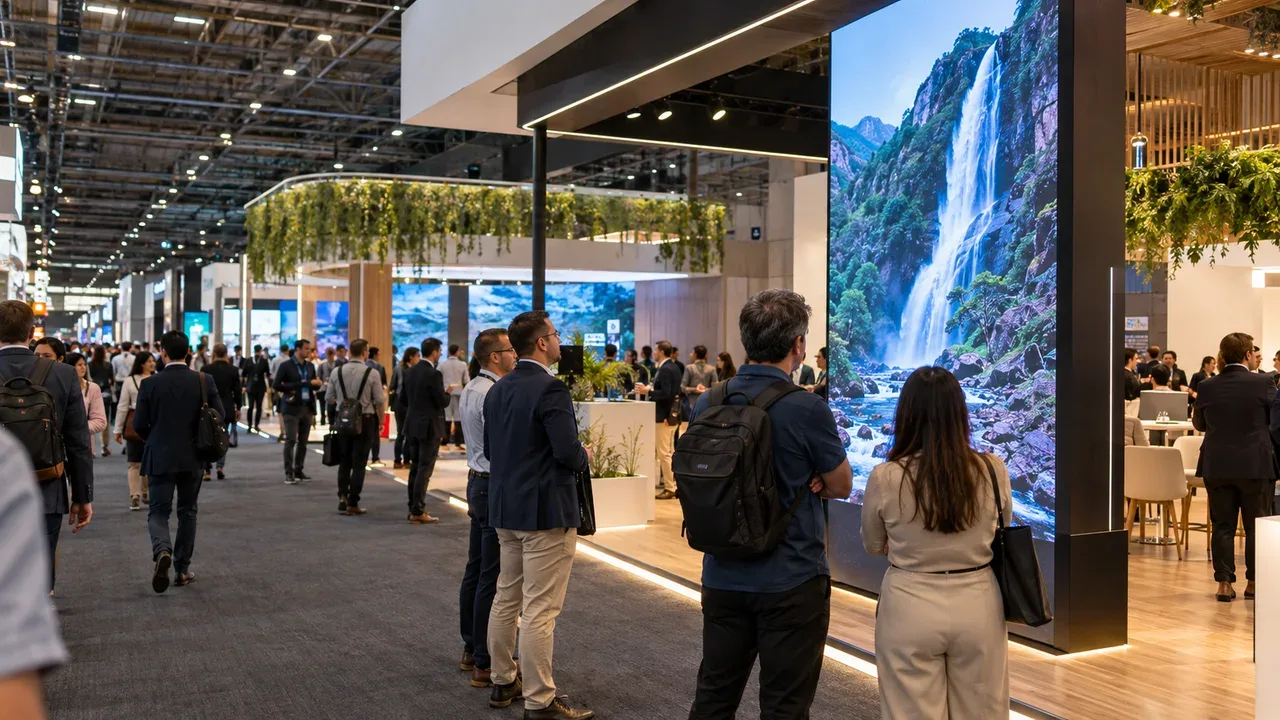 Corredor movimentado de pavilhão de feira com visitantes observando totem vertical de LED em estande corporativo