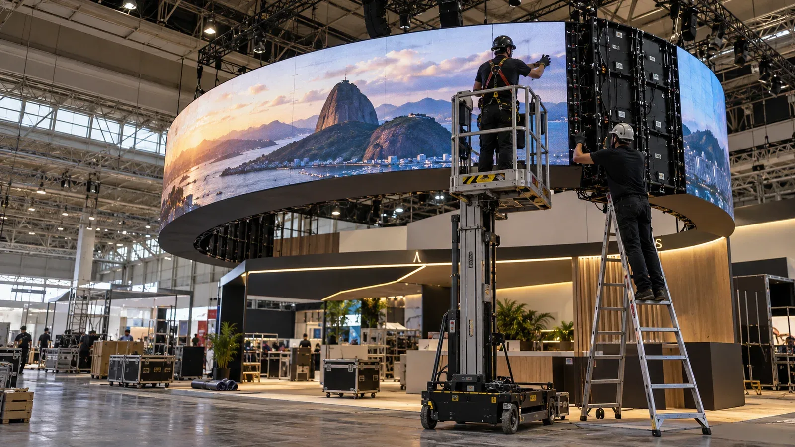 Técnicos audiovisuais ajustando e calibrando telão de LED modular ultra-wide suspenso em estande de feira de negócios