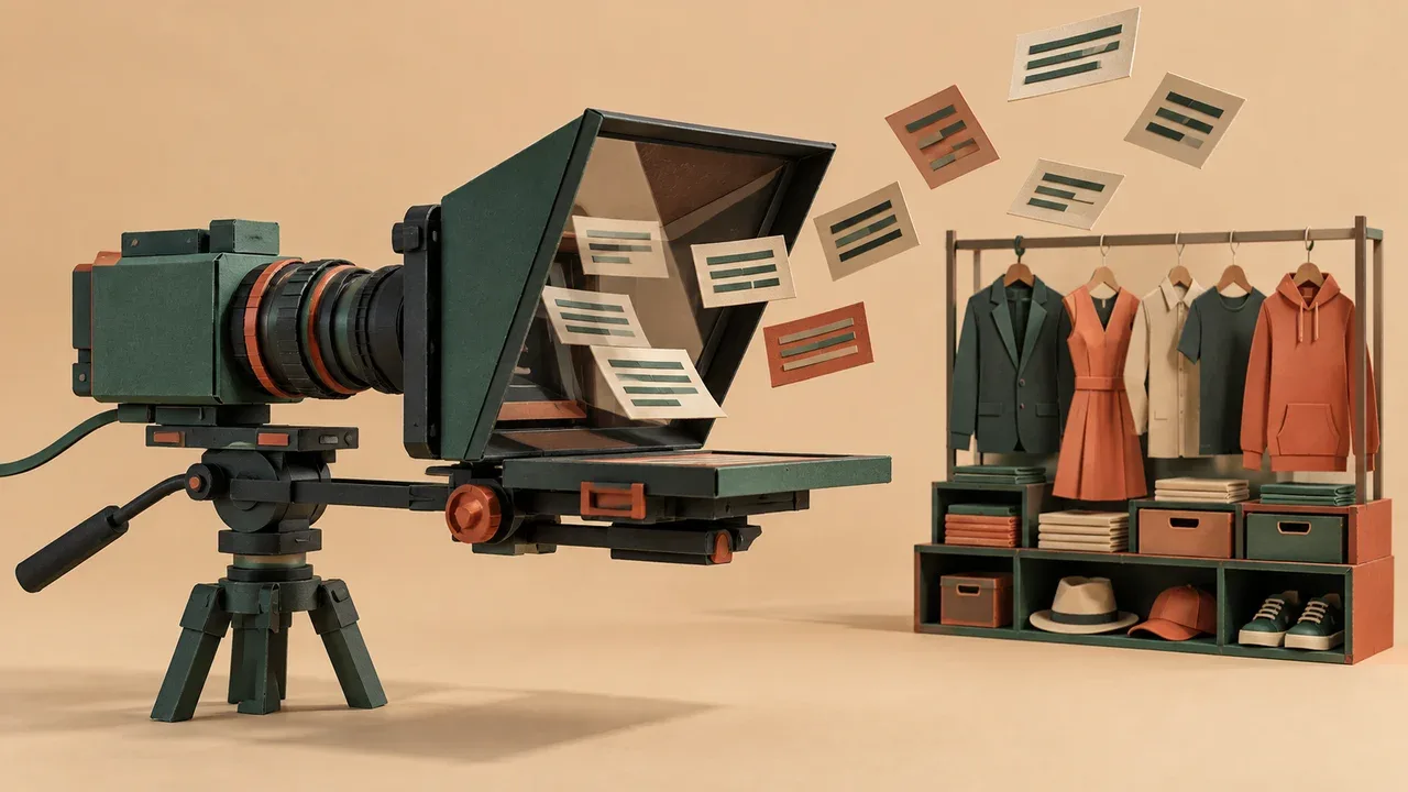 Caixa óptica de teleprompter e cartões modulares de roteiro representados em papel craft