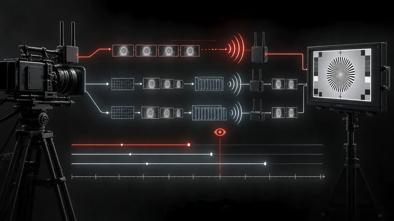 Diagrama técnico da cadeia temporal de latência em vídeo sem fio de cinema