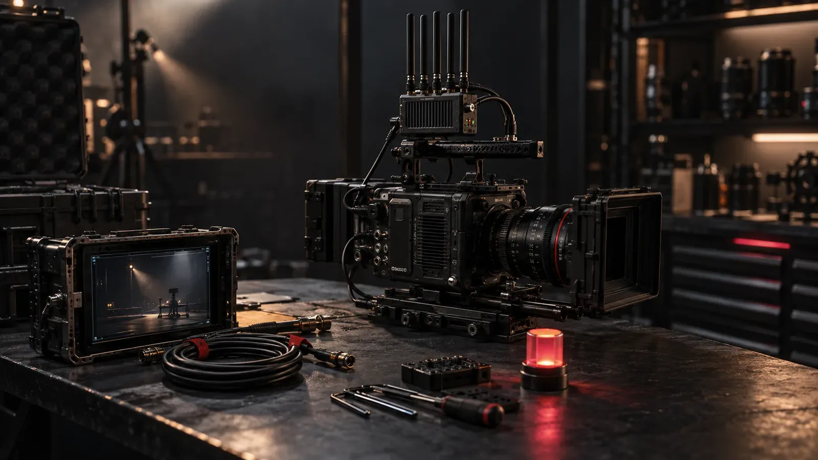 Transmissor de vídeo sem fio em câmera de cinema com monitor de campo