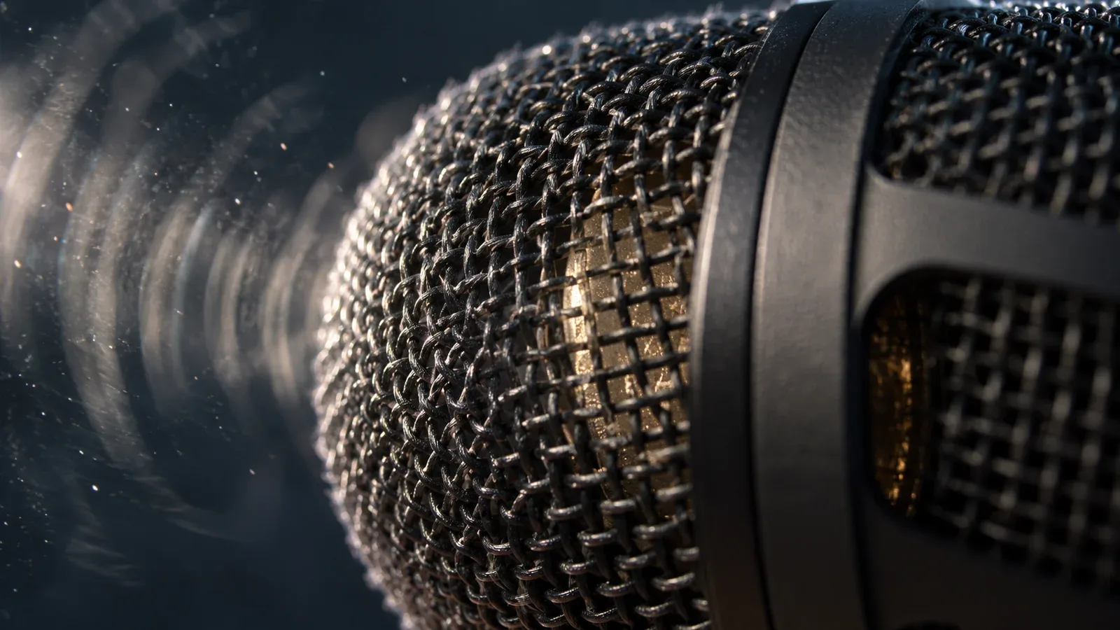 Microfone dinâmico de estúdio broadcast em primeiro plano durante gravação de videocast corporativo