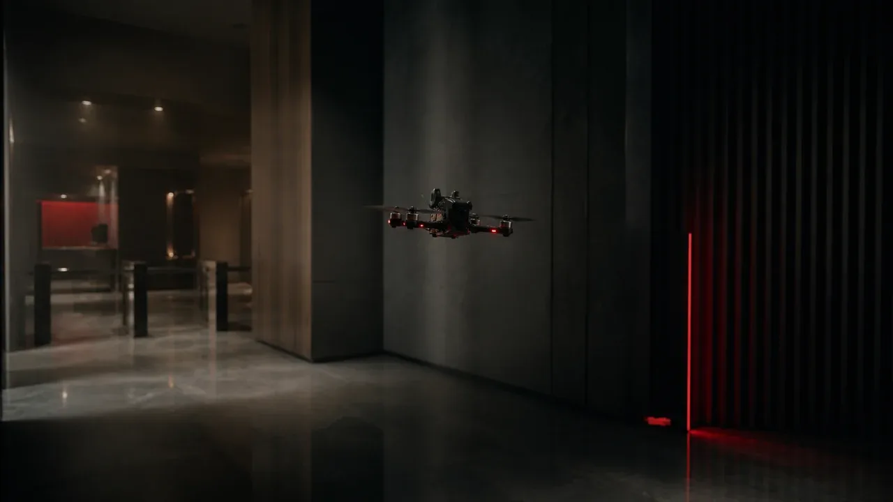 Drone FPV atravessando lobby contemporâneo durante uma captação de percurso interno
