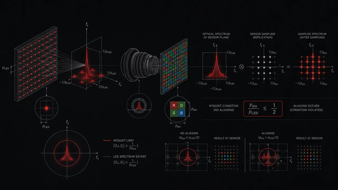 Diagrama técnico das frequências de amostragem espacial de Nyquist e sobreposição do filtro óptico passa-baixa com destaque em curvas de corte