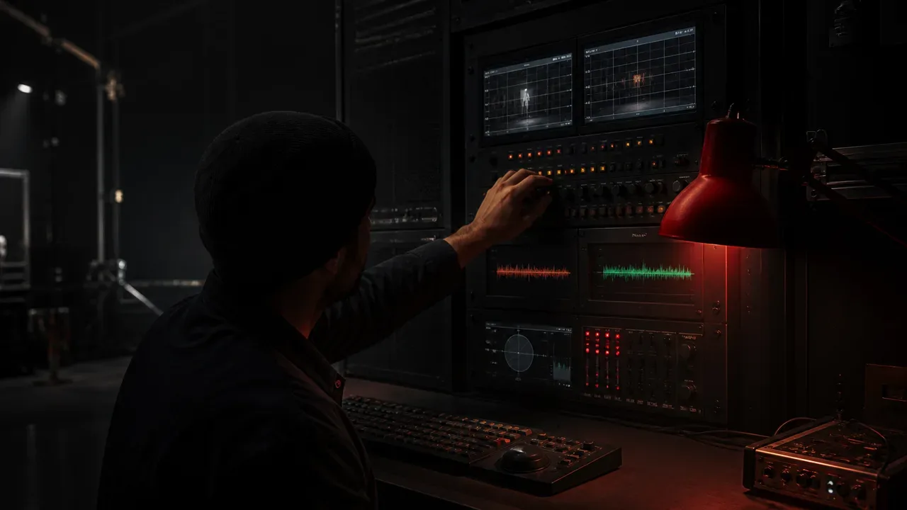 Operador de produção virtual calibrando telemetria de tracking e sincronismo de fase em monitores de rack iluminados