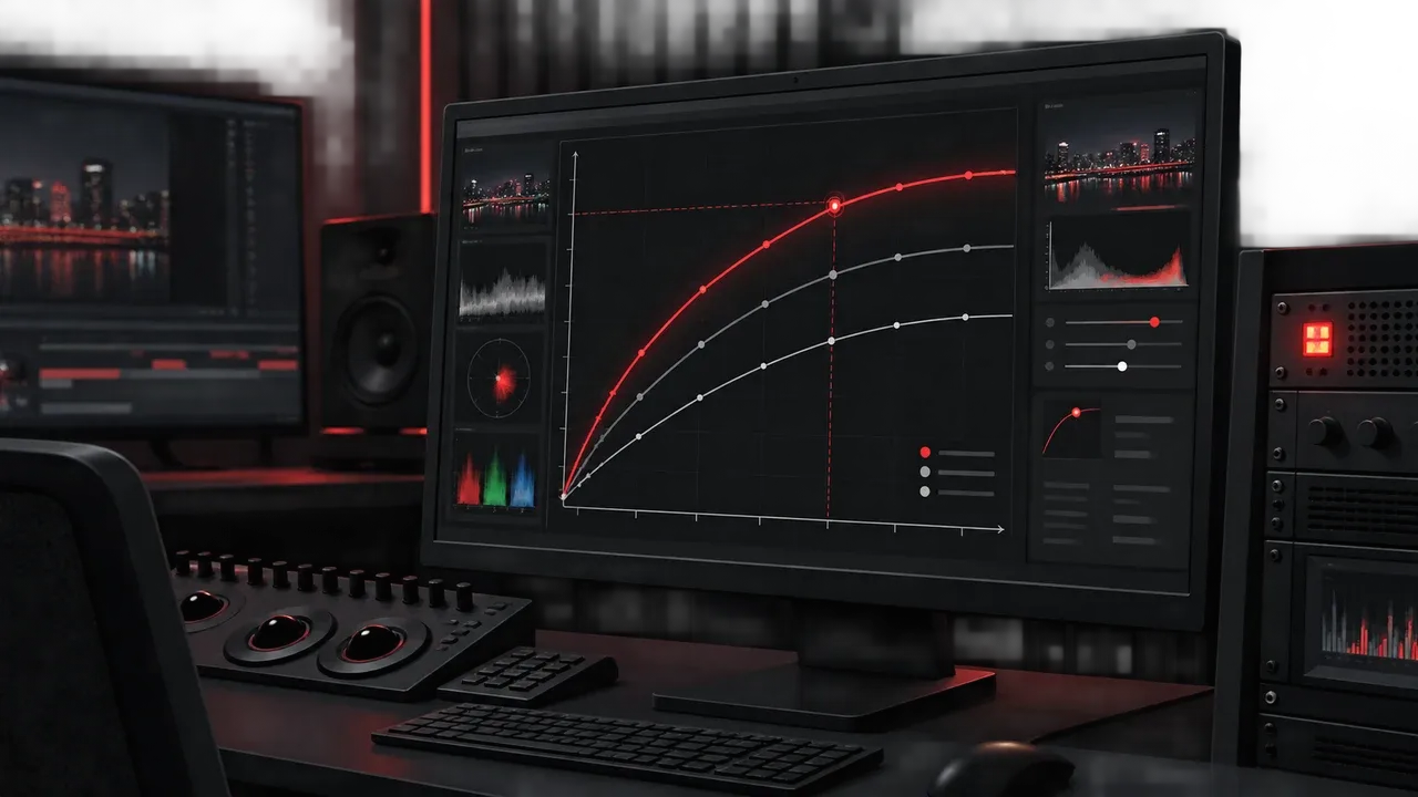 Gráfico de curvas comparando taxa de bits e pontuação de qualidade de vídeo em monitor de referência de sala de pós-produção, com indicador luminoso vermelho ao fundo