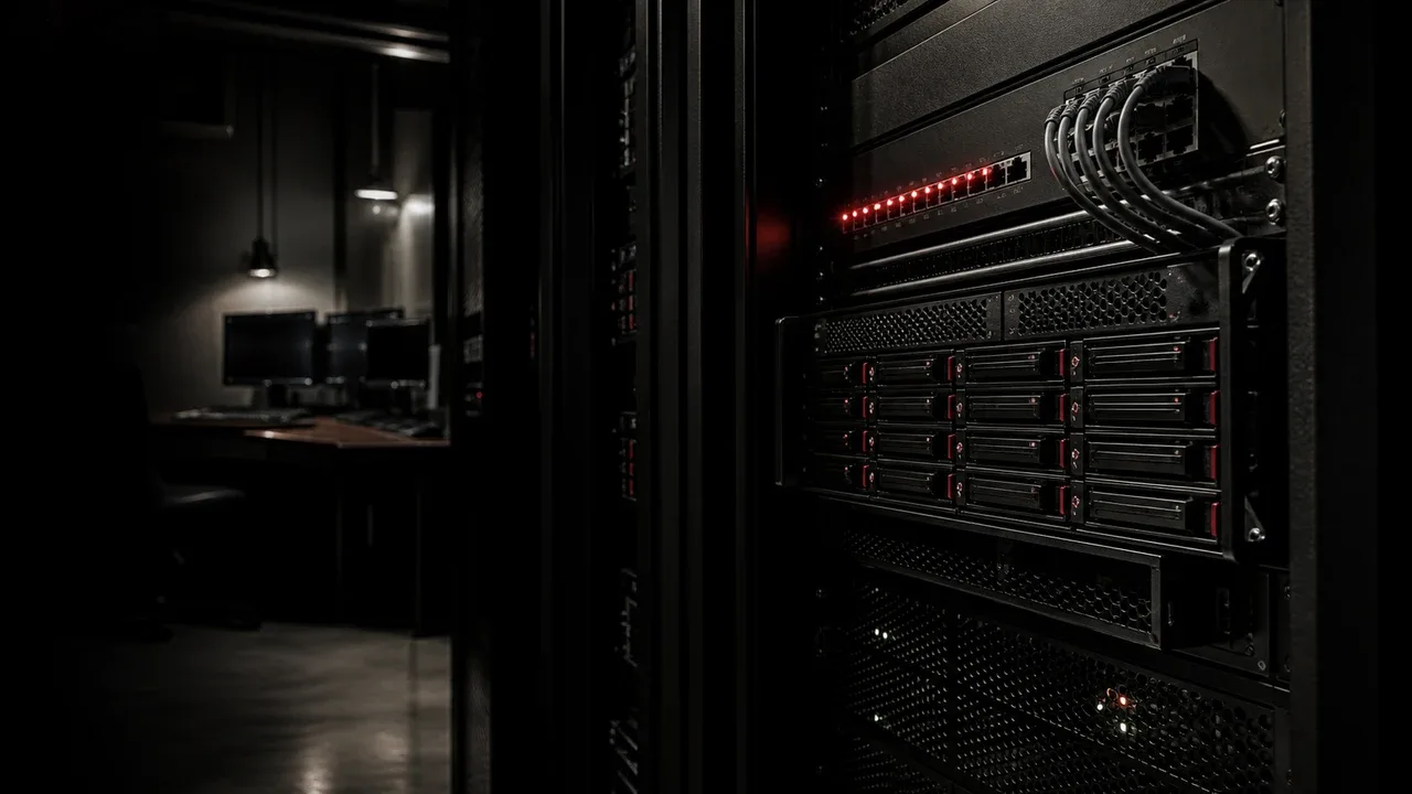 Rack de armazenamento e rede em sala técnica de pós-produção com discos SSD instalados e indicadores luminosos vermelhos no switch