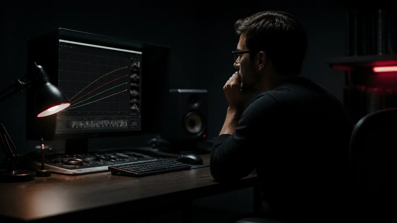 Editor de vídeo profissional observa gráfico comparativo de qualidade por taxa de bits em monitor de referência, com luminária de mesa acesa ao lado do teclado