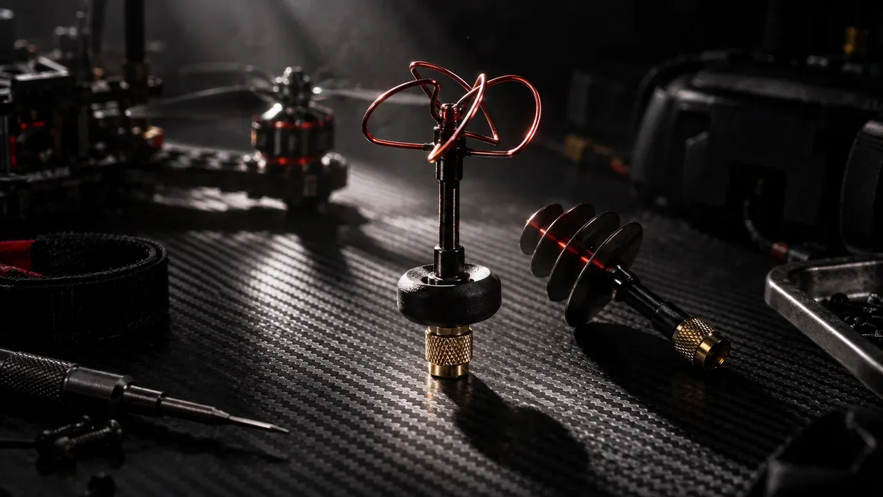 Bancada técnica de teste de radiofrequência para transmissor de vídeo FPV com antena de polarização circular conectada