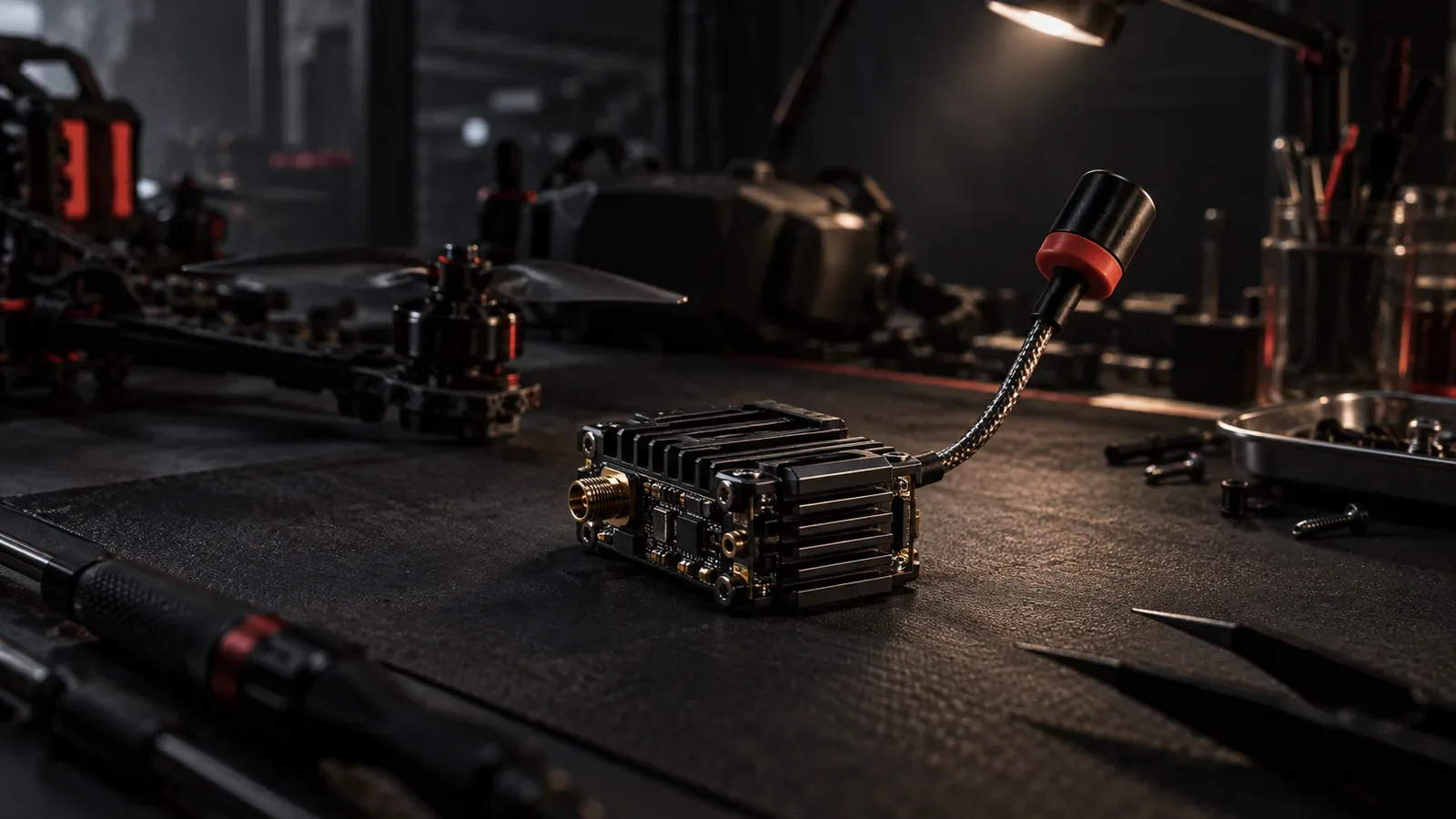Módulo transmissor de vídeo VTX para drone FPV com dissipador usinado em alumínio escuro e antena conectada