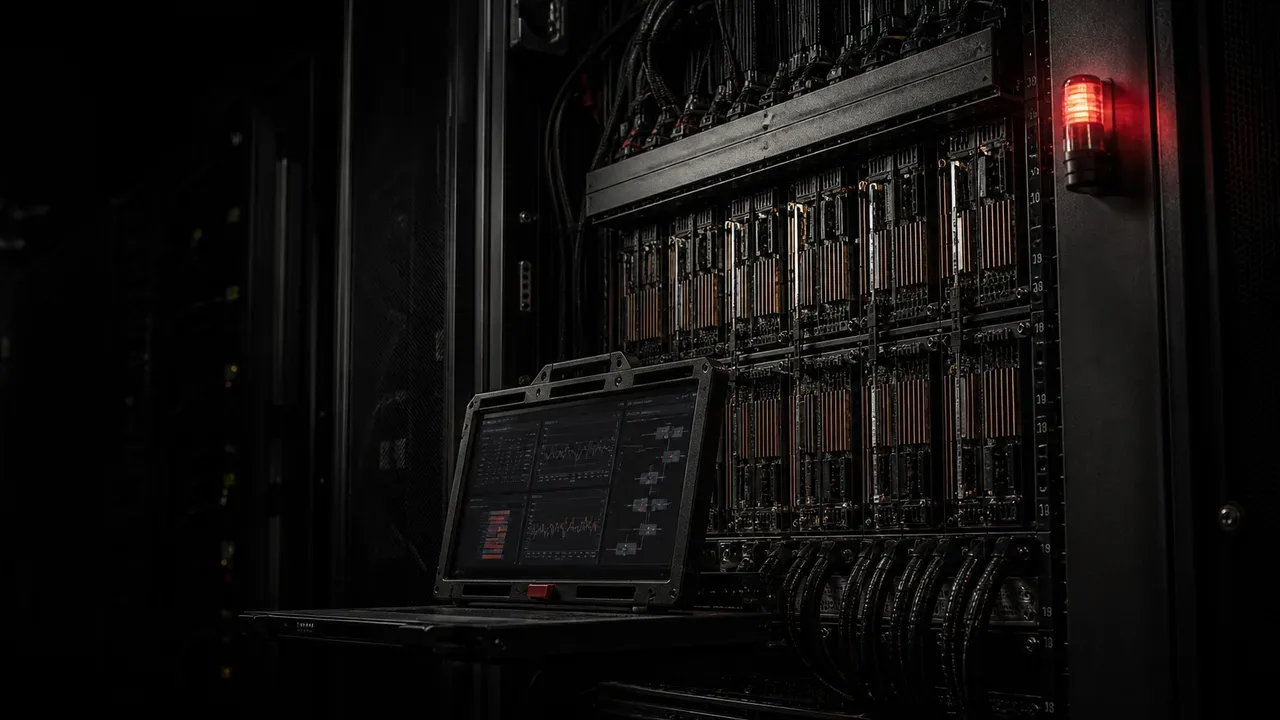 Gabinete de servidor de alta densidade em datacenter escuro sob luz chiaroscuro com indicador luminoso em carmim ativo