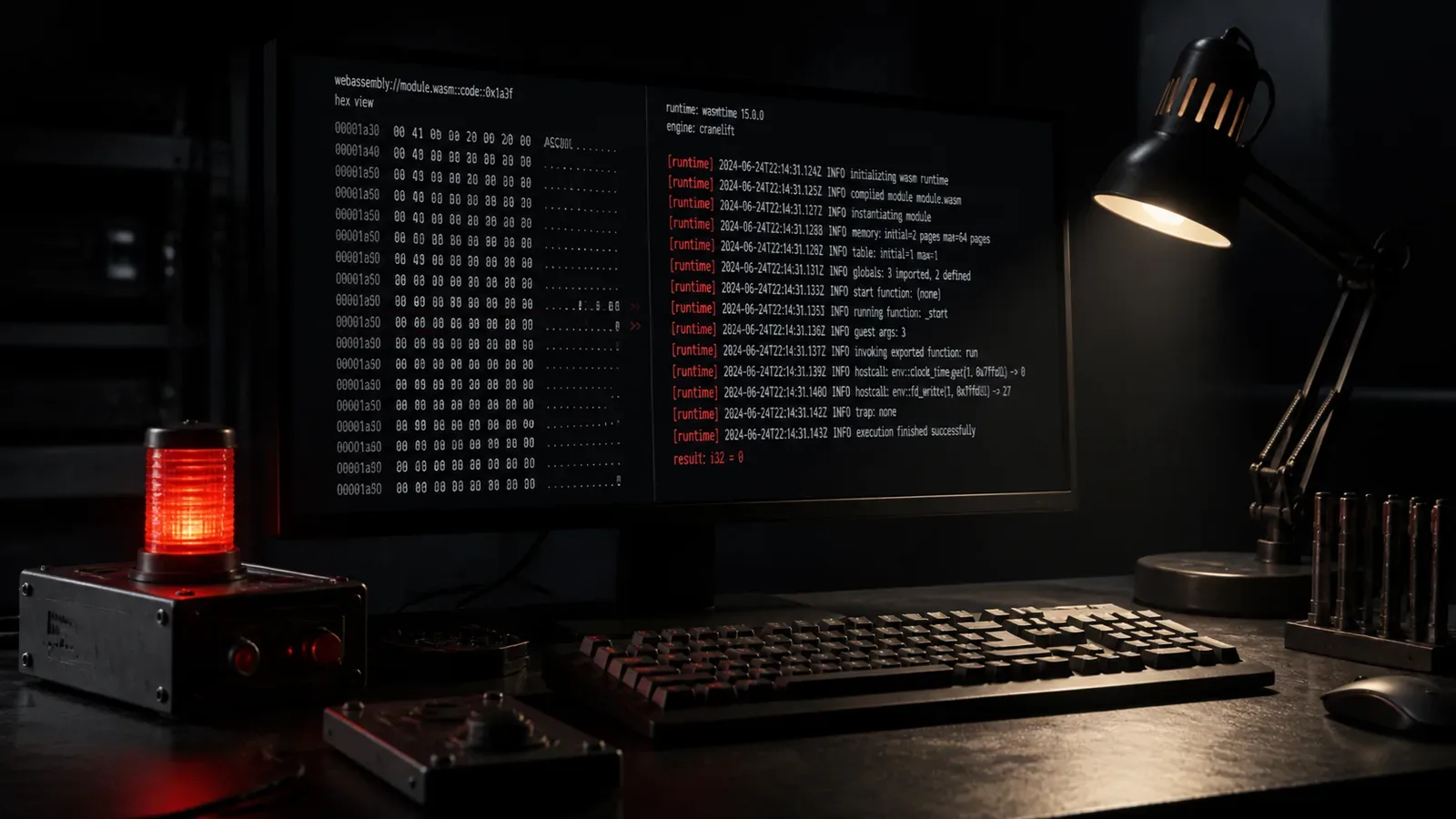 Bancada de desenvolvimento de engenharia de software em sala escura sob iluminação chiaroscuro com monitor exibindo logs de bytecode WebAssembly e luminária direcionada