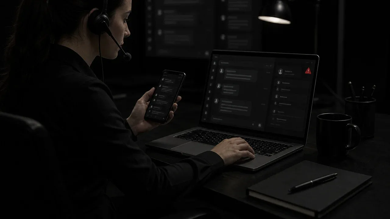 Atendente usa smartphone e notebook para acompanhar conversas de clientes