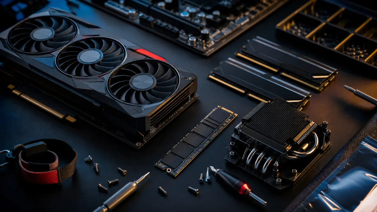 Componentes internos de uma workstation profissional: GPU, NVMe e RAM DDR5