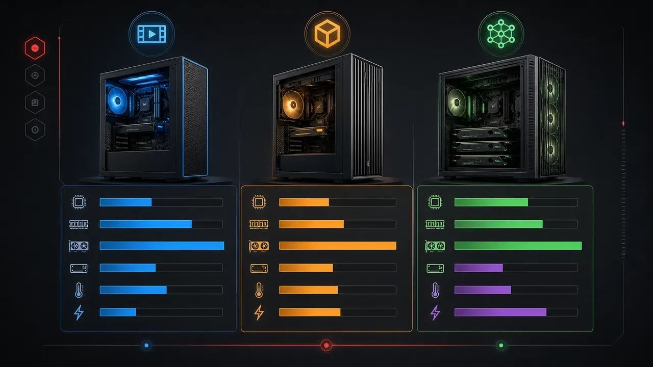Comparativo de configurações de workstation para edição, render e IA local lado a lado