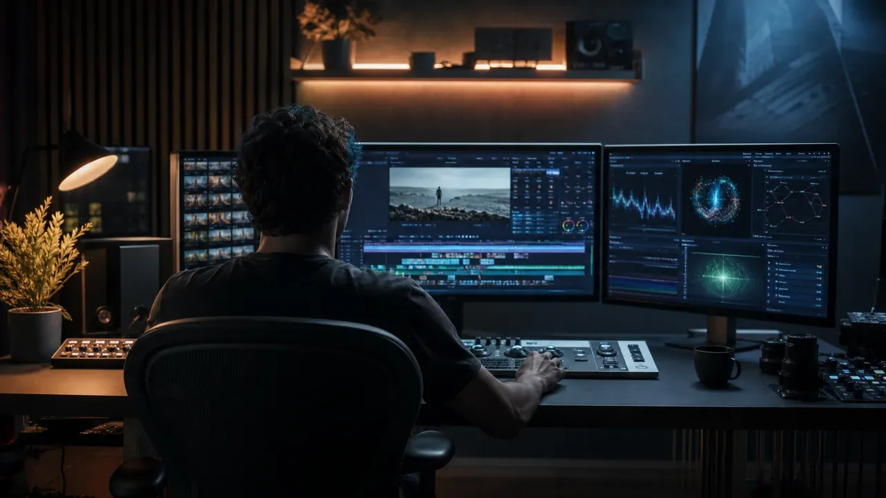 Editor trabalhando em timeline 6K com workstation personalizada e múltiplos monitores