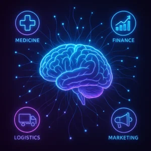 Cérebro digital simbolizando Inteligência Artificial conectada a diversos setores econômicos.