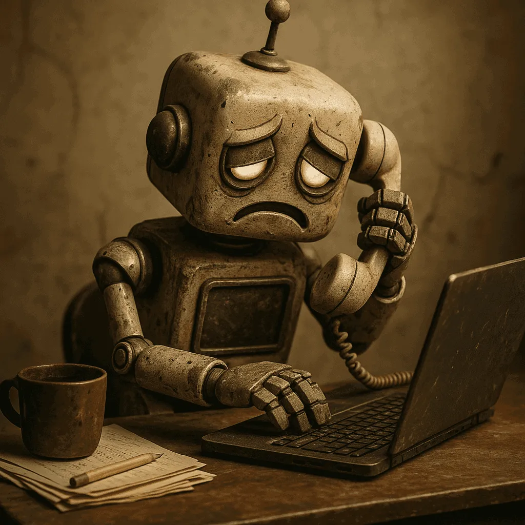 chatbot ultrapassado, cansado e com dificuldade de trabalho